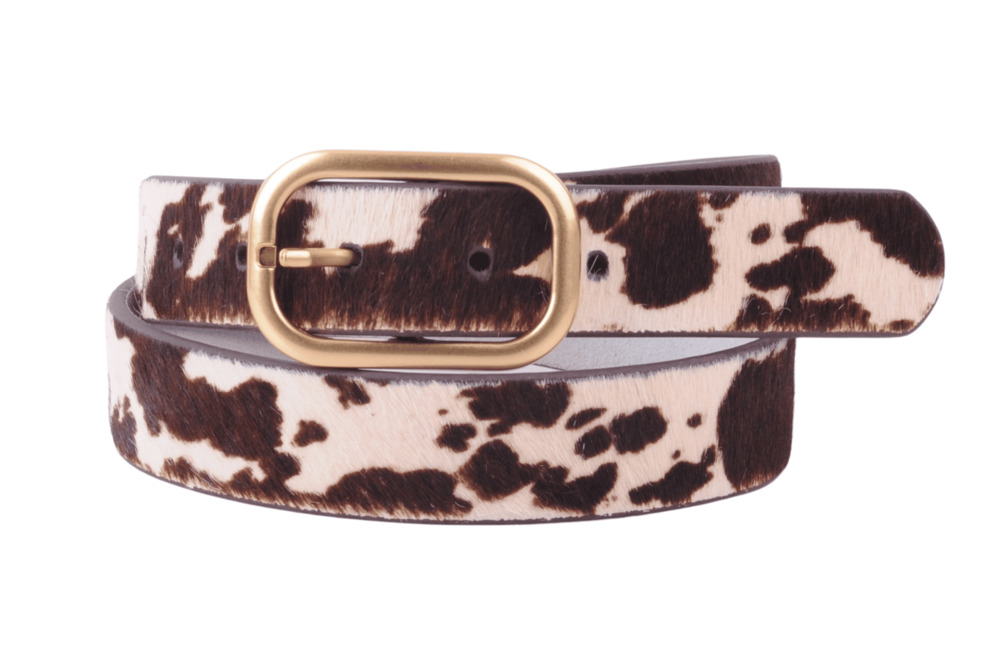 Western Cow Print Leather Belt - Calf Hair Belt with Gold Buckle